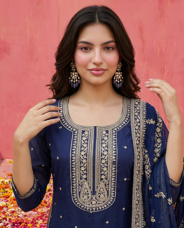 Navy Embroidered Silk Blended Kurta Bottom Dupatta Set