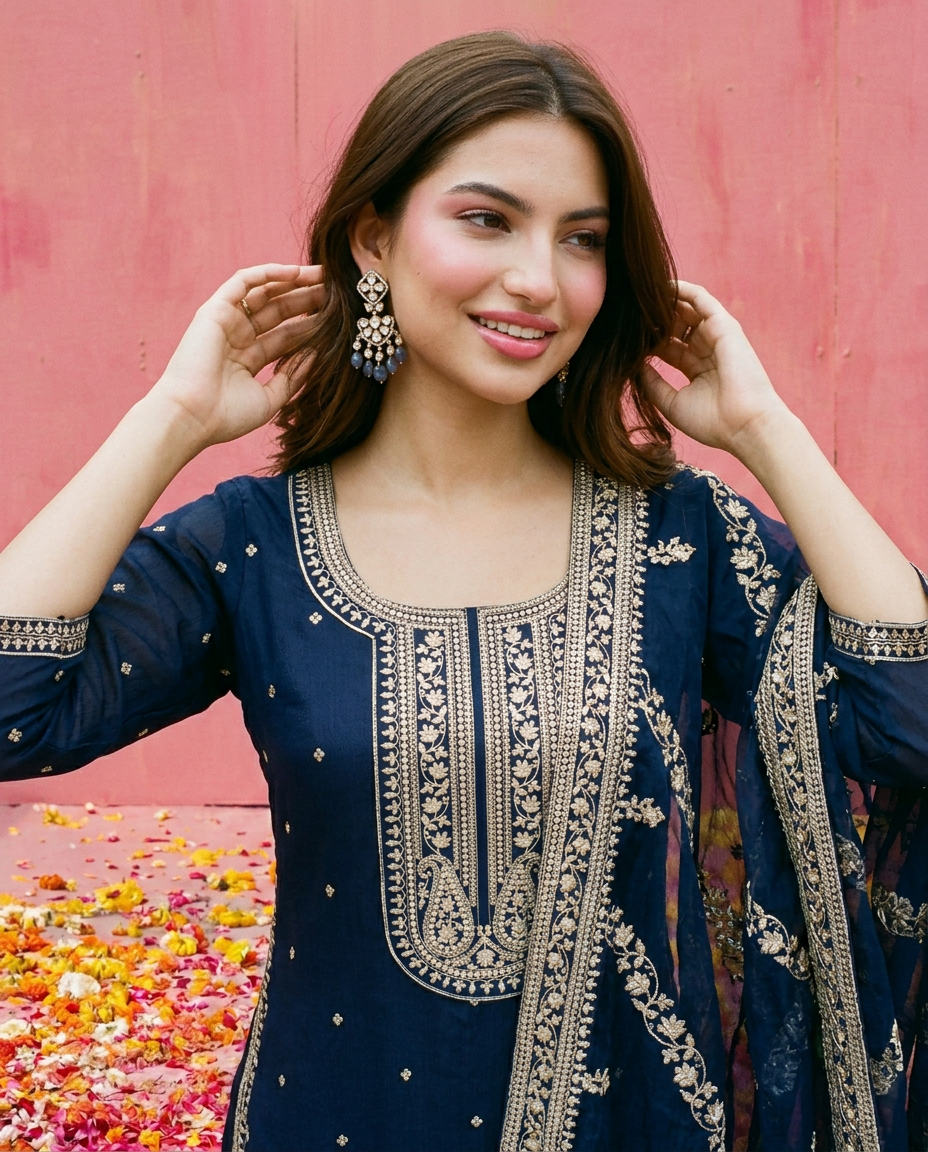 Navy Embroidered Silk Blended Kurta Bottom Dupatta Set