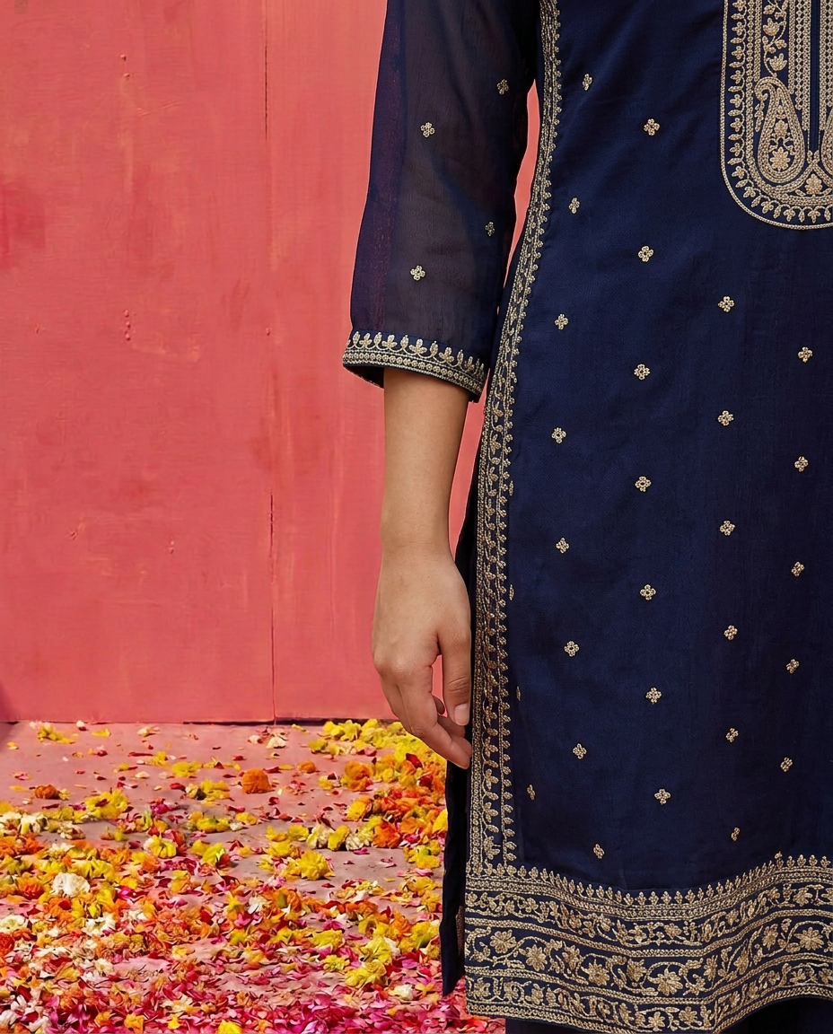 Navy Embroidered Silk Blended Kurta Bottom Dupatta Set