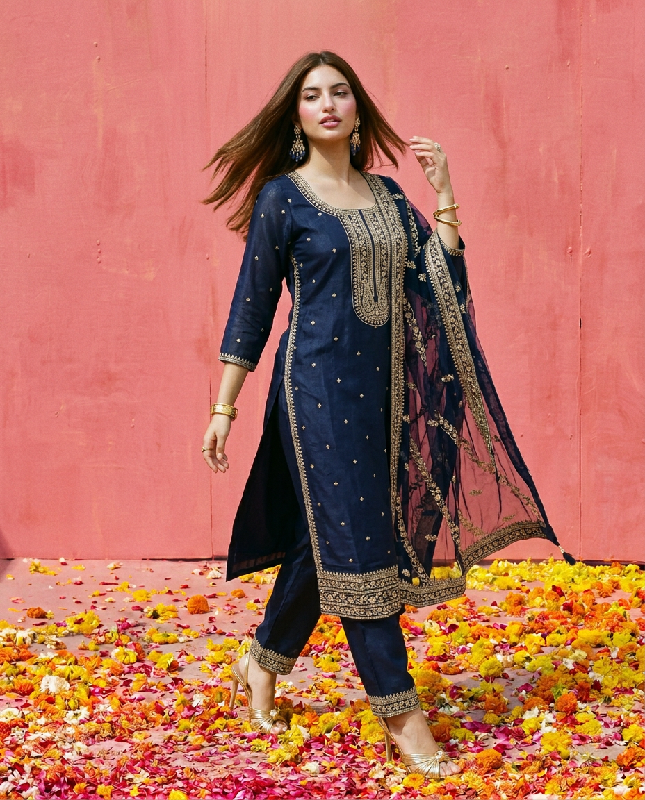 Navy Embroidered Silk Blended Kurta Bottom Dupatta Set