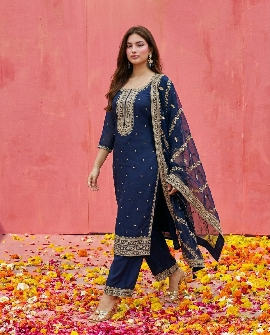 Navy Embroidered Silk Blended Kurta Bottom Dupatta Set