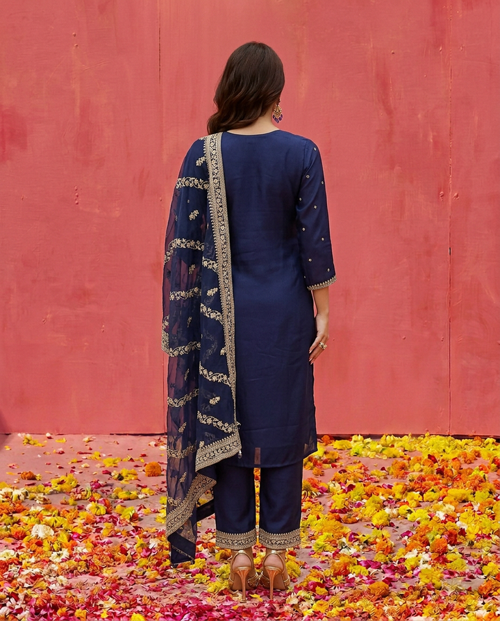 Navy Embroidered Silk Blended Kurta Bottom Dupatta Set