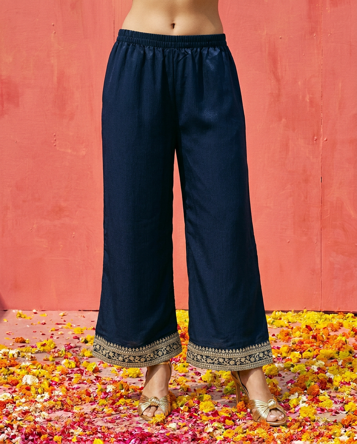Navy Embroidered Silk Blended Kurta Bottom Dupatta Set