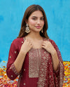 Maroon Embroidered Silk Blended Kurta Bottom Dupatta Set