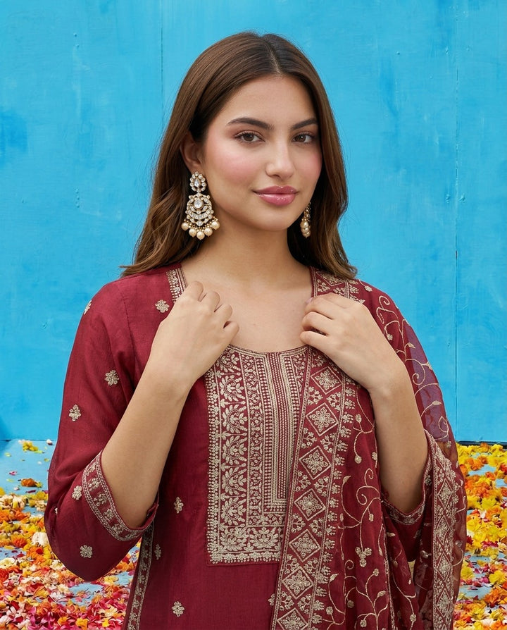 Maroon Embroidered Silk Blended Kurta Bottom Dupatta Set