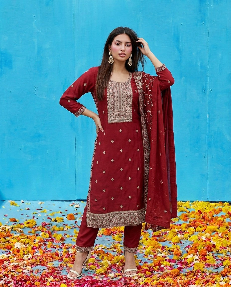 Maroon Embroidered Silk Blended Kurta Bottom Dupatta Set