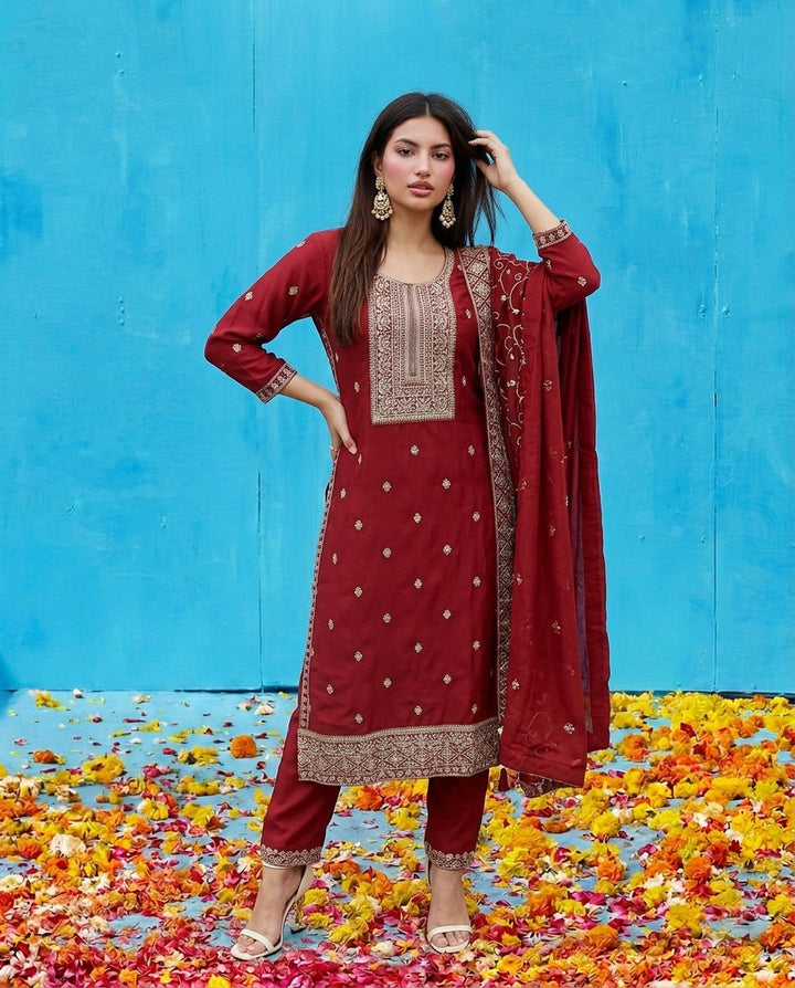 Maroon Embroidered Silk Blended Kurta Bottom Dupatta Set