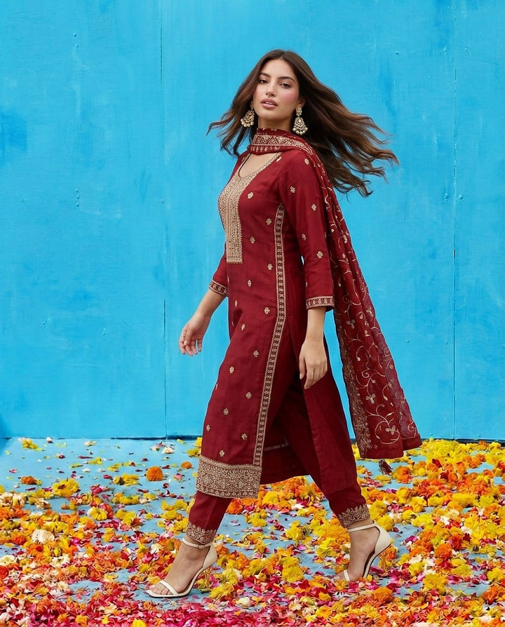 Maroon Embroidered Silk Blended Kurta Bottom Dupatta Set