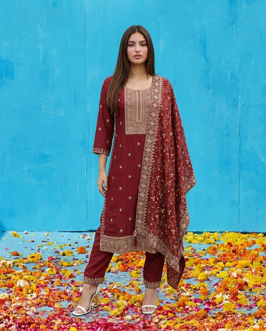 Maroon Embroidered Silk Blended Kurta Bottom Dupatta Set
