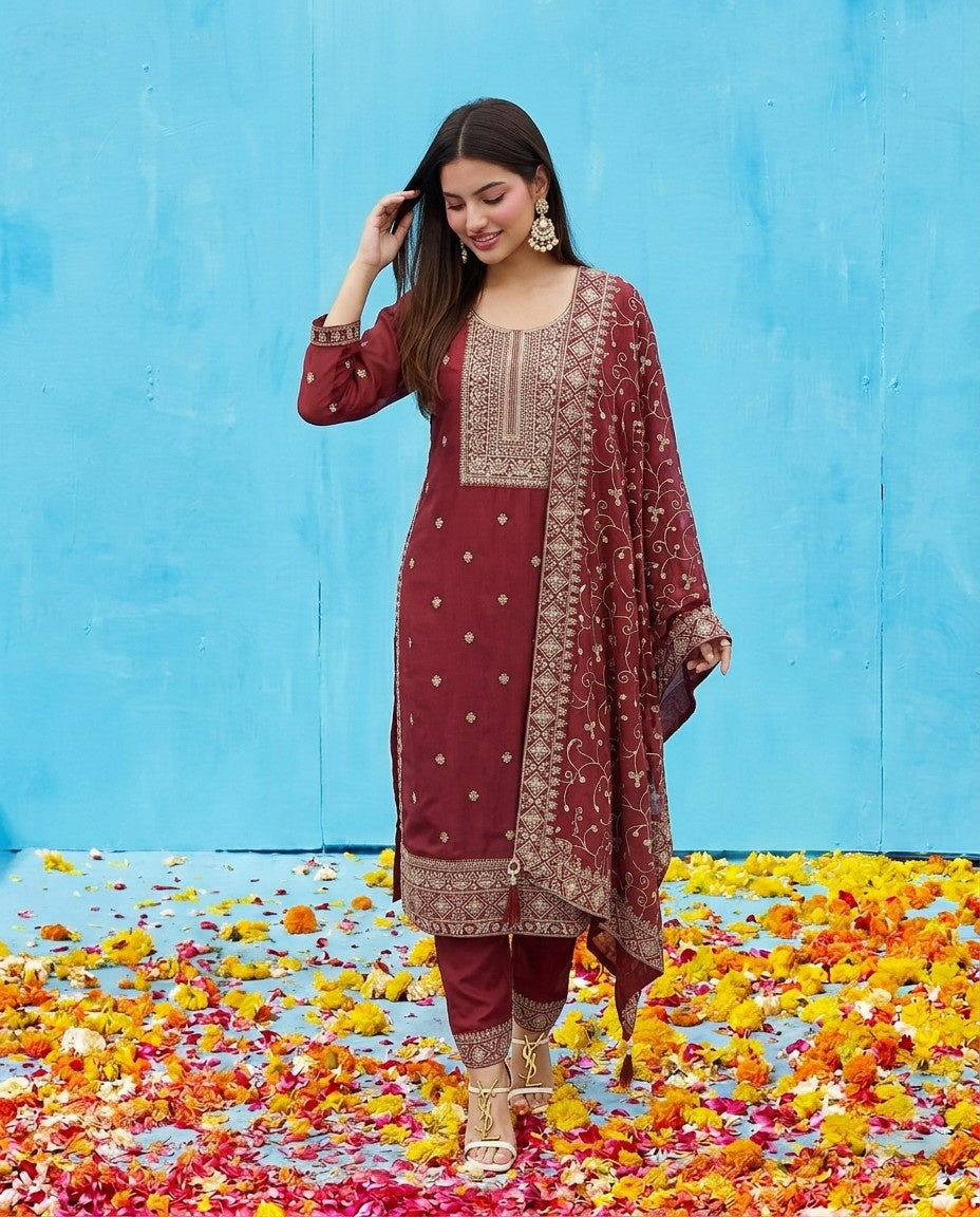 Maroon Embroidered Silk Blended Kurta Bottom Dupatta Set