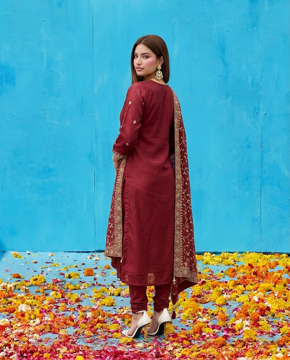 Maroon Embroidered Silk Blended Kurta Bottom Dupatta Set