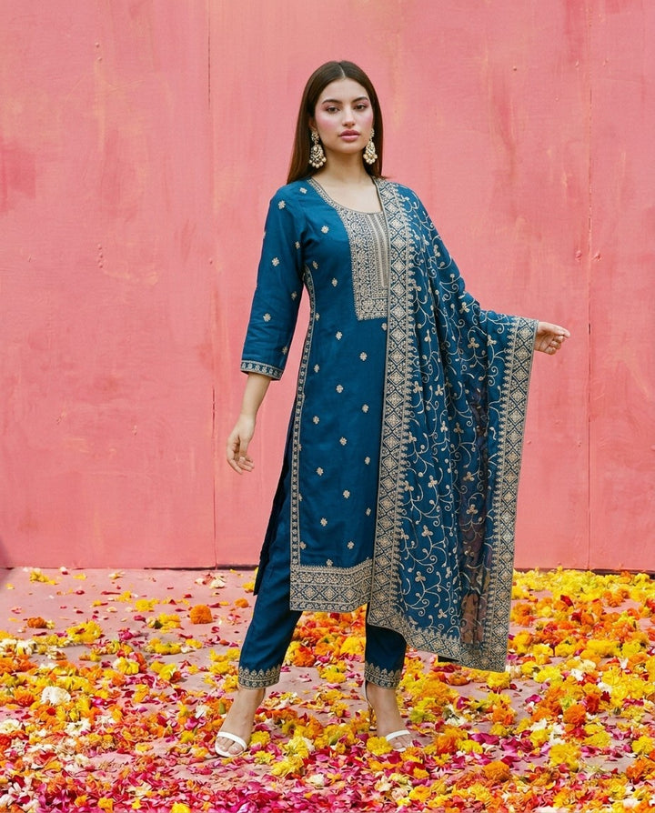 Navy Embroidered Silk Blended Kurta Bottom Dupatta Set