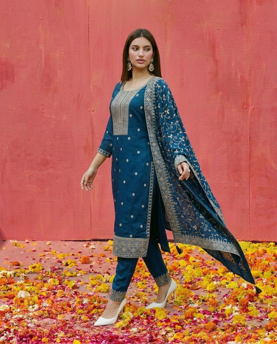 Navy Embroidered Silk Blended Kurta Bottom Dupatta Set