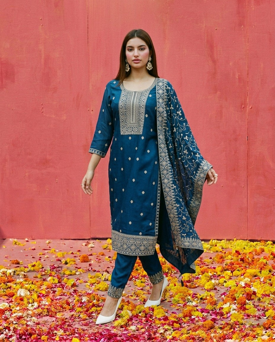 Navy Embroidered Silk Blended Kurta Bottom Dupatta Set