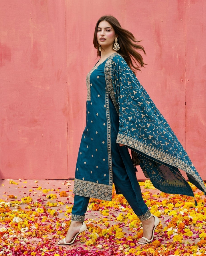 Navy Embroidered Silk Blended Kurta Bottom Dupatta Set