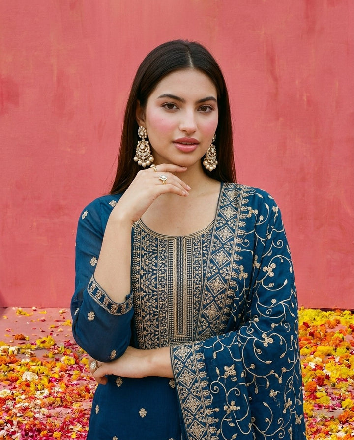 Navy Embroidered Silk Blended Kurta Bottom Dupatta Set
