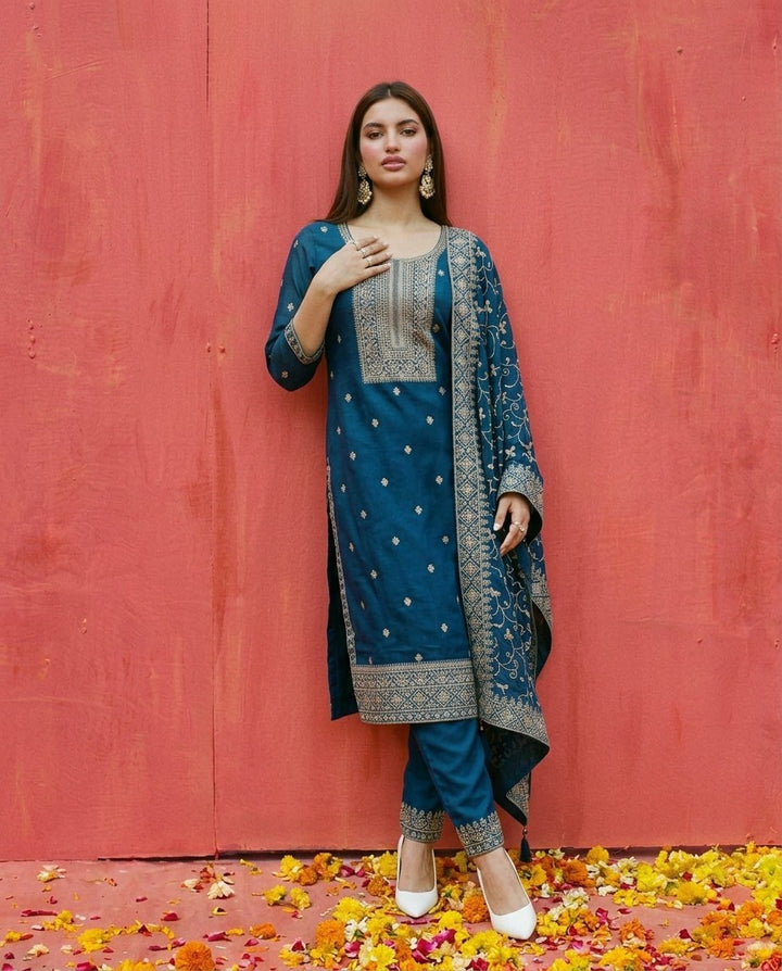 Navy Embroidered Silk Blended Kurta Bottom Dupatta Set
