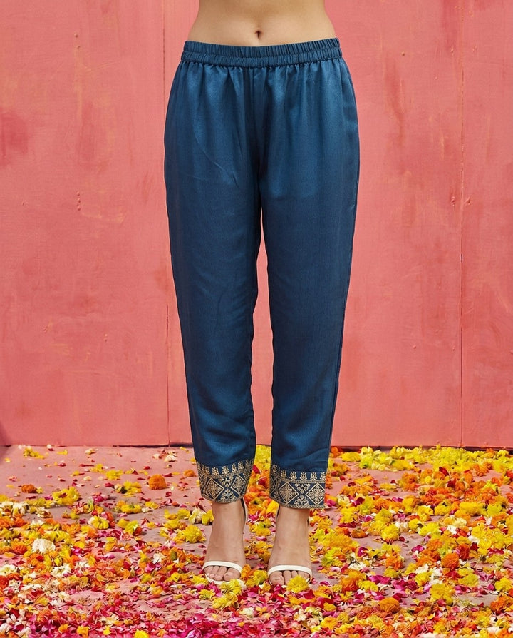 Navy Embroidered Silk Blended Kurta Bottom Dupatta Set