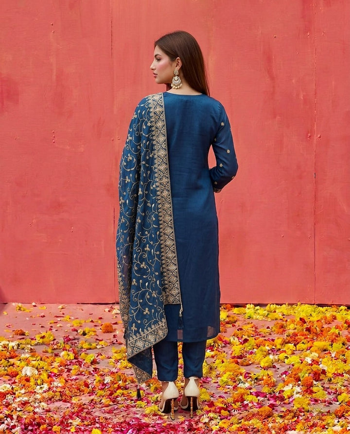 Navy Embroidered Silk Blended Kurta Bottom Dupatta Set
