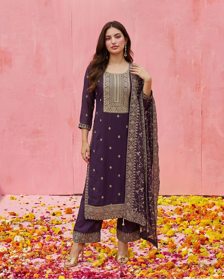 Purple Embroidered Silk Blended Kurta Bottom Dupatta Set