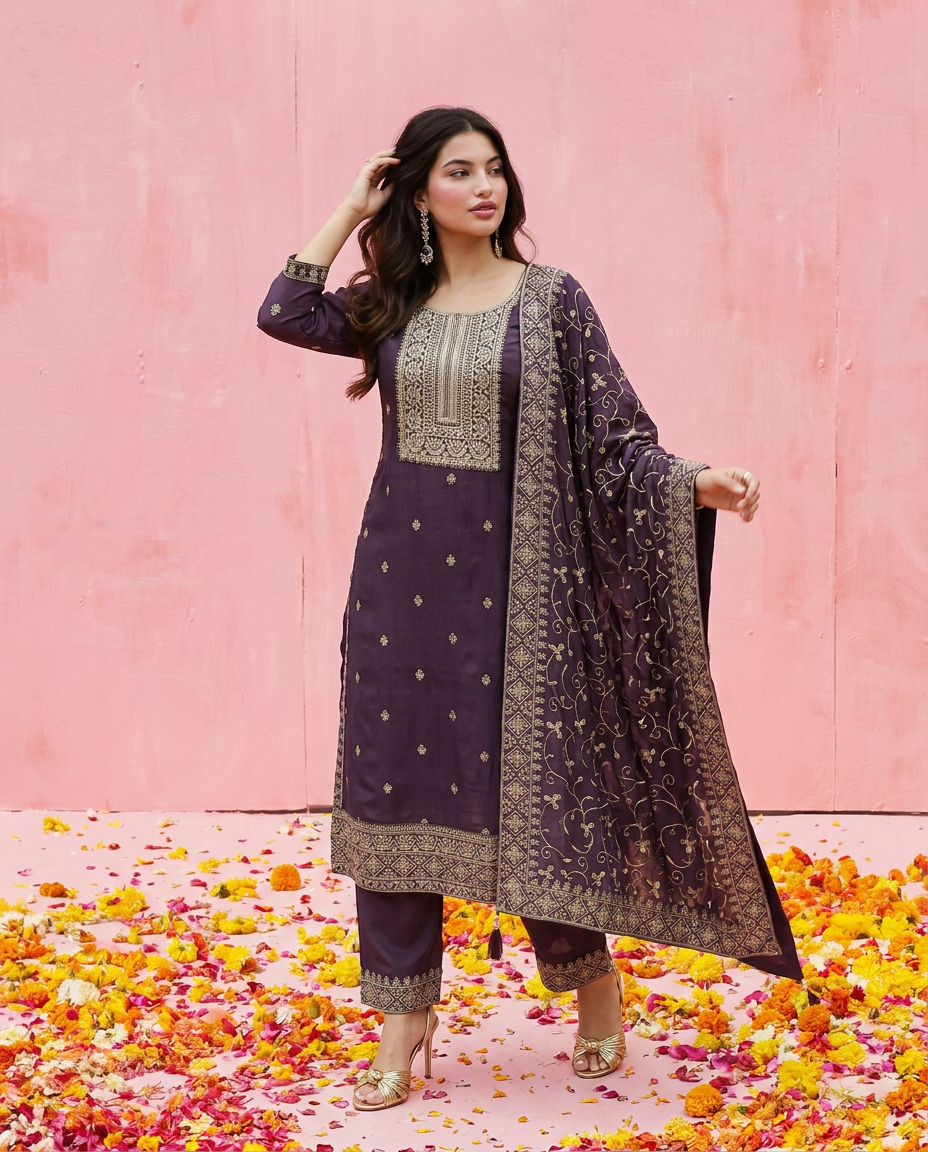 Purple Embroidered Silk Blended Kurta Bottom Dupatta Set