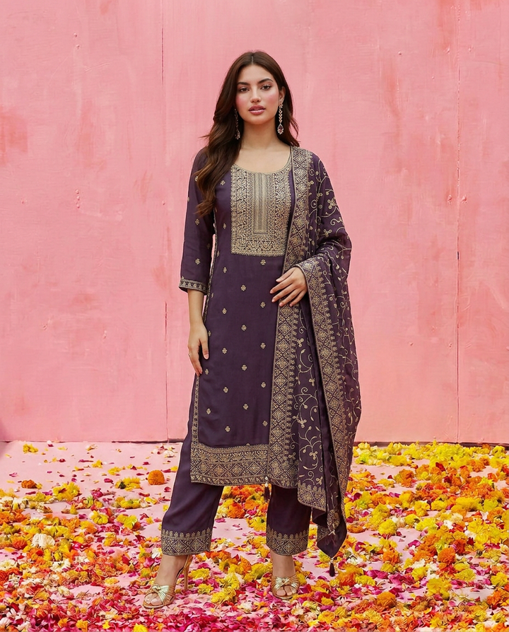Purple Embroidered Silk Blended Kurta Bottom Dupatta Set