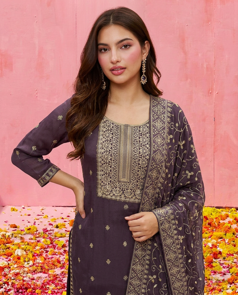 Purple Embroidered Silk Blended Kurta Bottom Dupatta Set