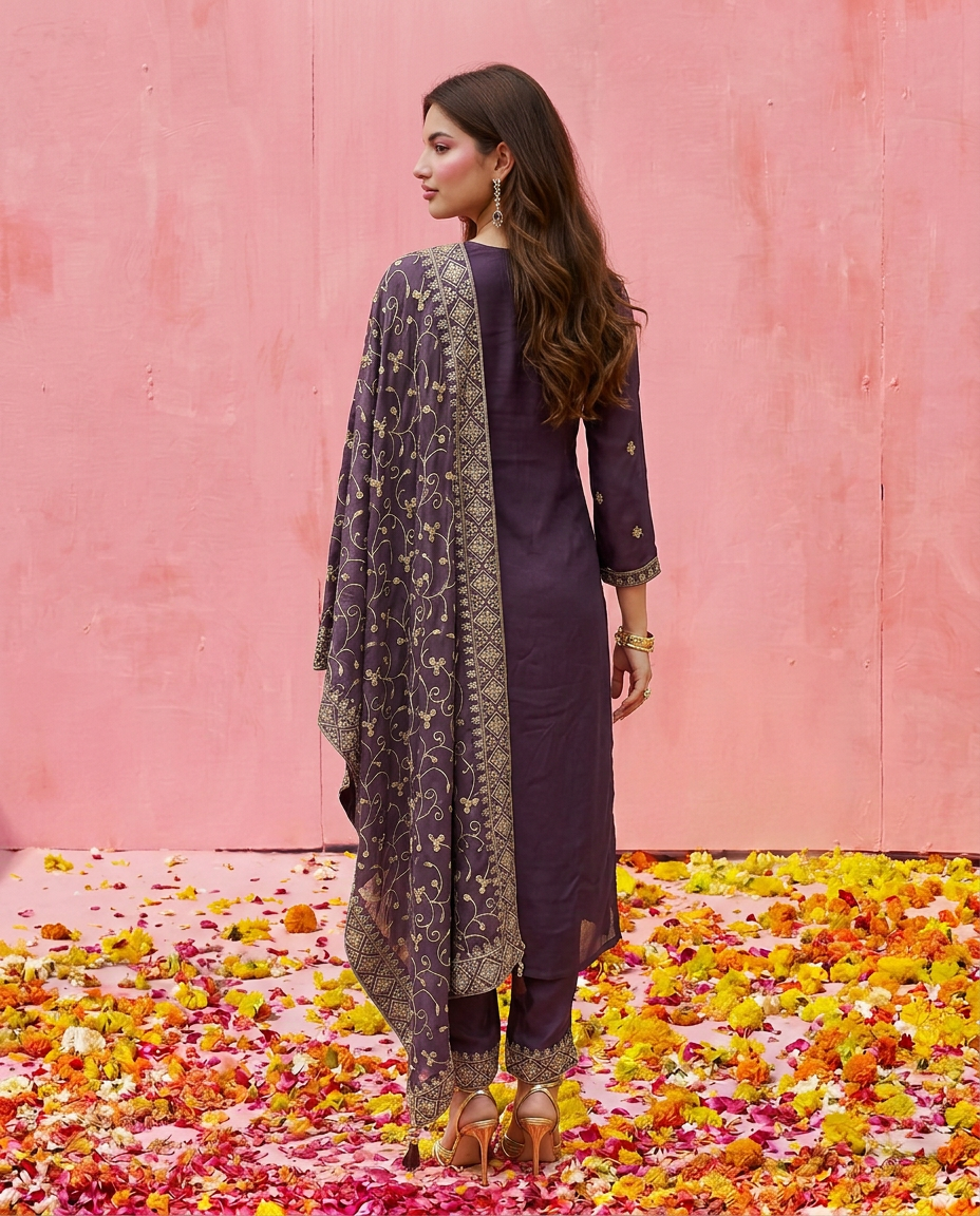 Purple Embroidered Silk Blended Kurta Bottom Dupatta Set