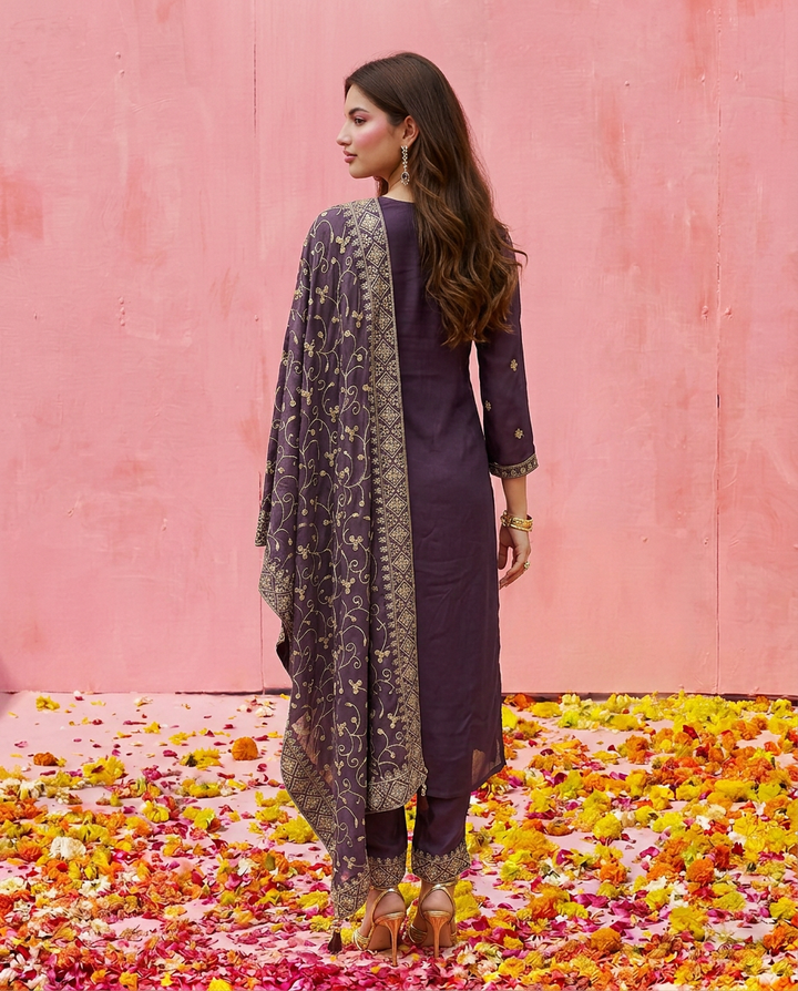 Purple Embroidered Silk Blended Kurta Bottom Dupatta Set