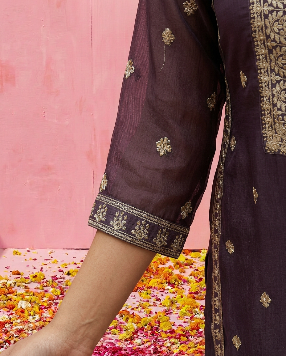 Purple Embroidered Silk Blended Kurta Bottom Dupatta Set