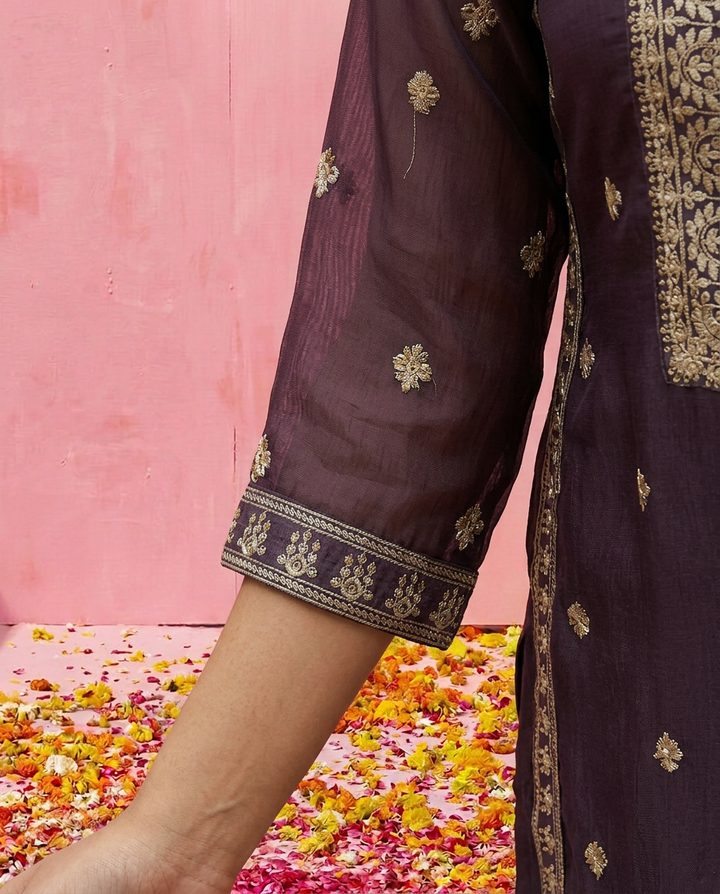 Purple Embroidered Silk Blended Kurta Bottom Dupatta Set