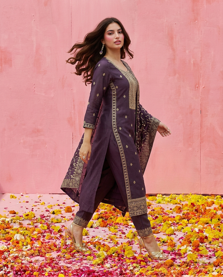Purple Embroidered Silk Blended Kurta Bottom Dupatta Set