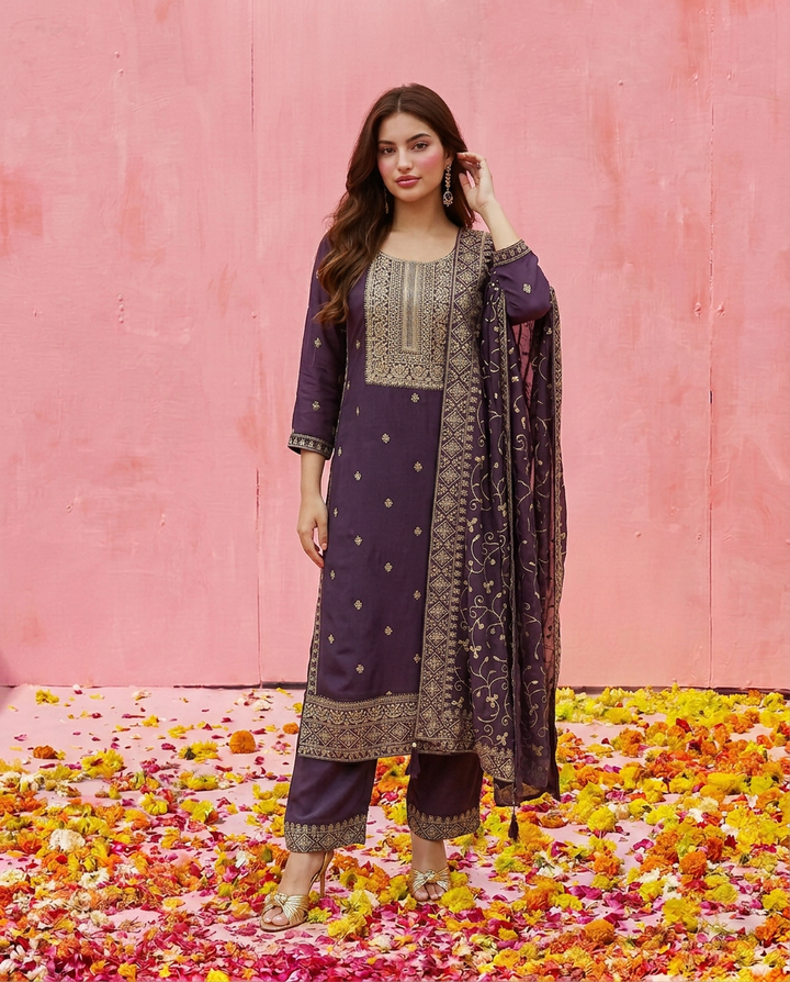 Purple Embroidered Silk Blended Kurta Bottom Dupatta Set