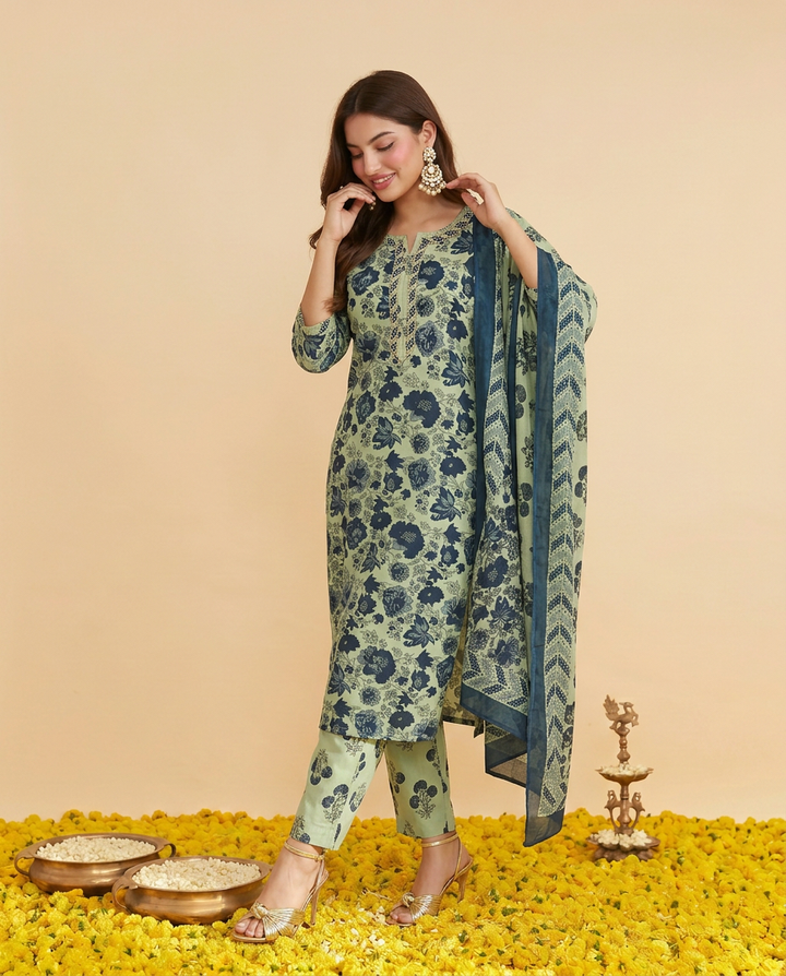 Pista Printed cotton Kurta Bottom Dupatta Set