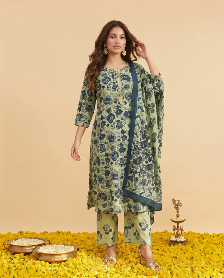 Pista Printed cotton Kurta Bottom Dupatta Set