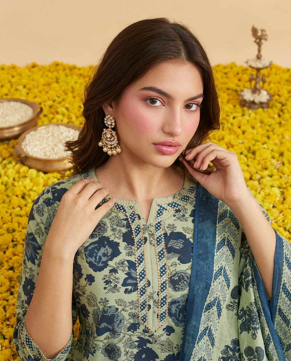Pista Printed cotton Kurta Bottom Dupatta Set