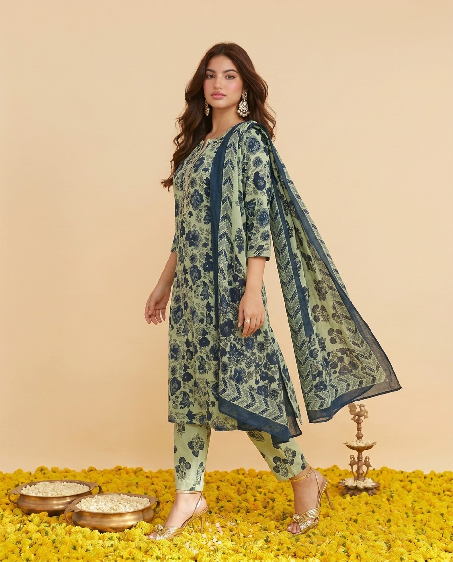 Pista Printed cotton Kurta Bottom Dupatta Set