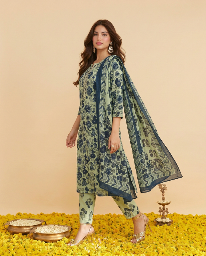 Pista Printed cotton Kurta Bottom Dupatta Set