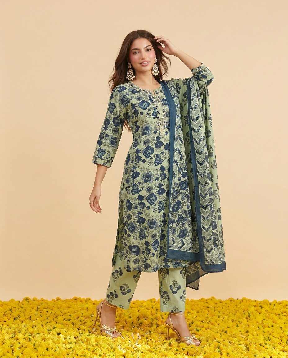 Pista Printed cotton Kurta Bottom Dupatta Set
