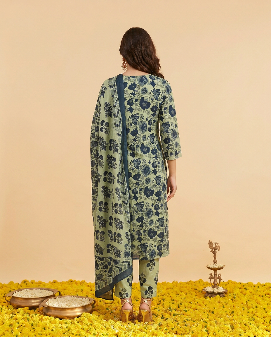 Pista Printed cotton Kurta Bottom Dupatta Set