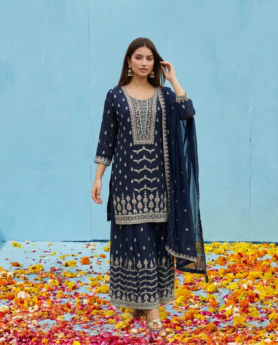 Navy Embroidered Silk Blended Kurta Bottom Dupatta Set