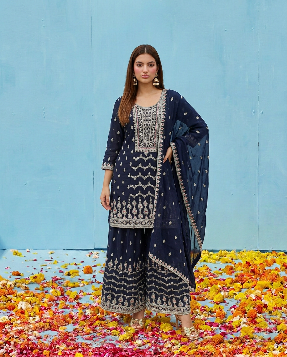 Navy Embroidered Silk Blended Kurta Bottom Dupatta Set