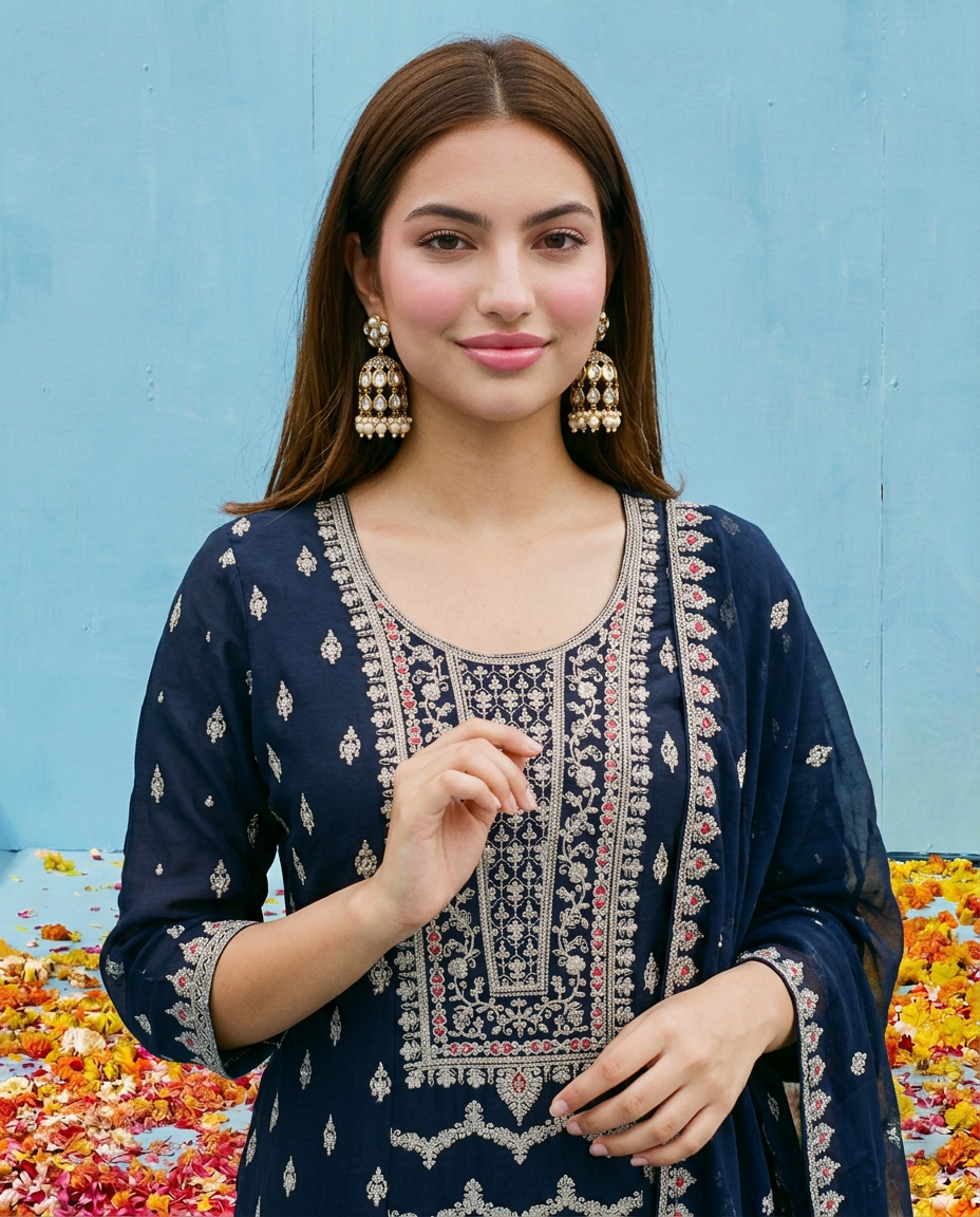 Navy Embroidered Silk Blended Kurta Bottom Dupatta Set