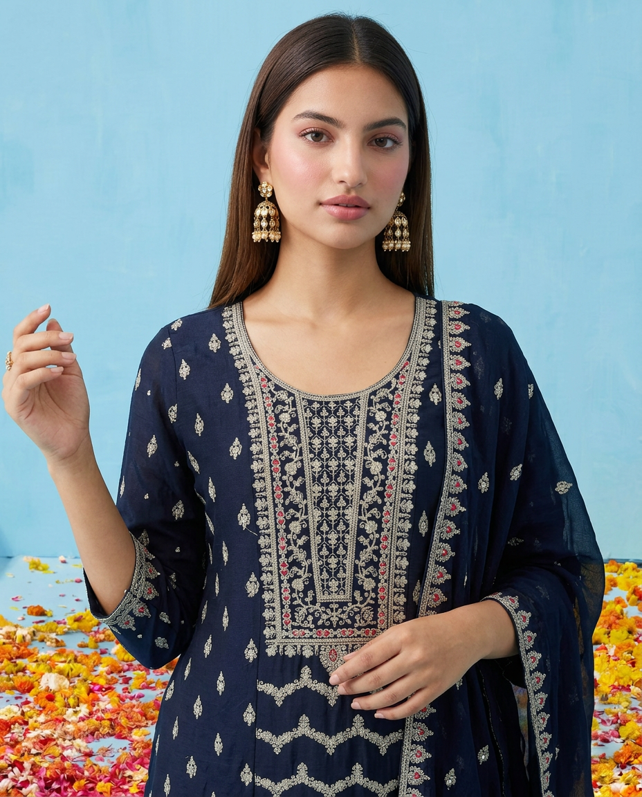 Navy Embroidered Silk Blended Kurta Bottom Dupatta Set