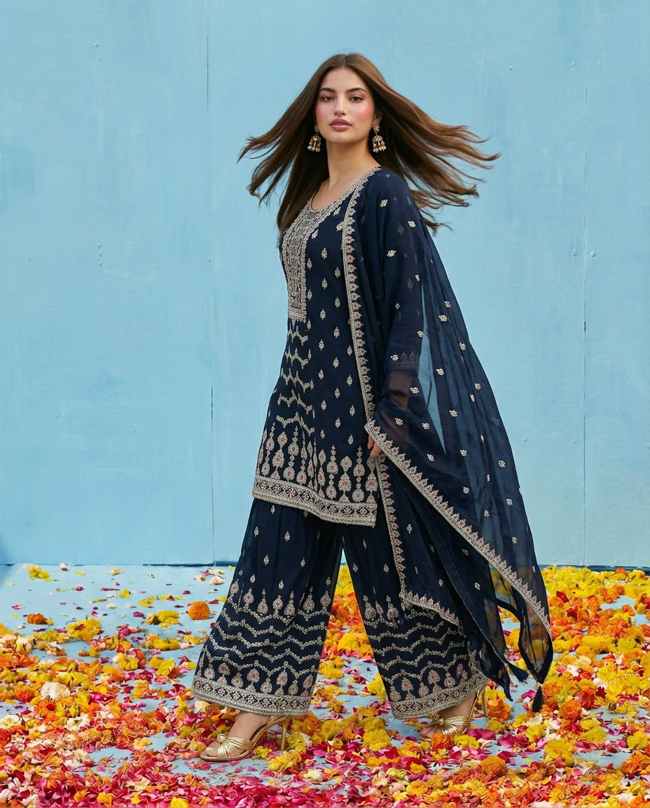 Navy Embroidered Silk Blended Kurta Bottom Dupatta Set