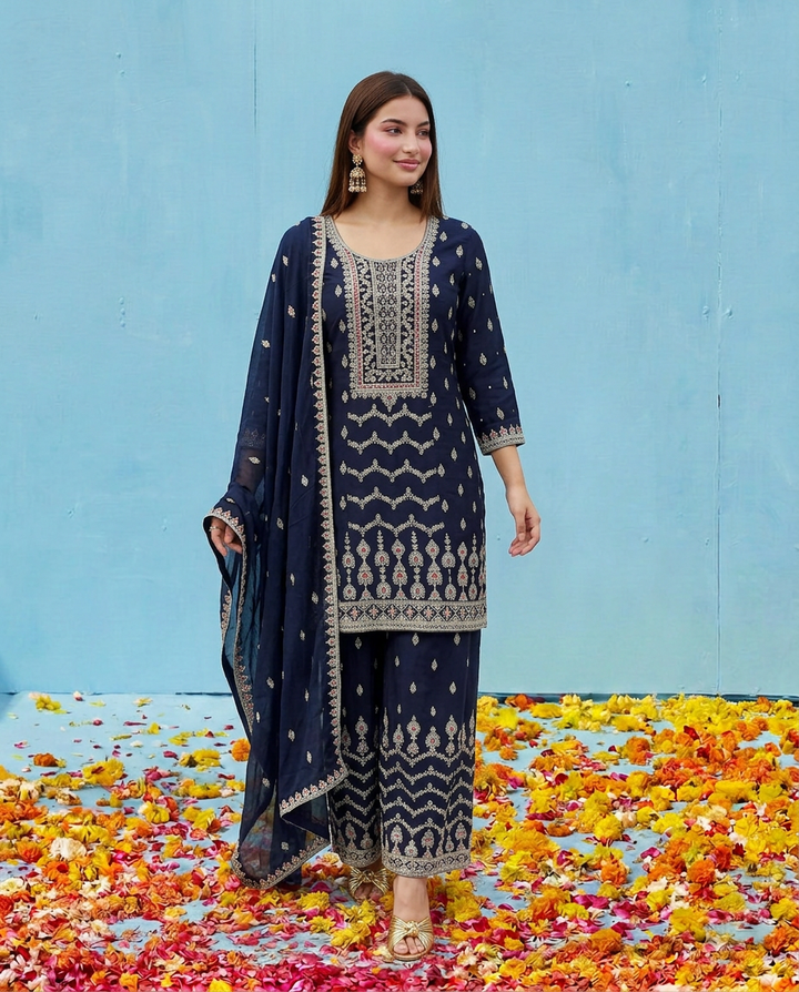 Navy Embroidered Silk Blended Kurta Bottom Dupatta Set