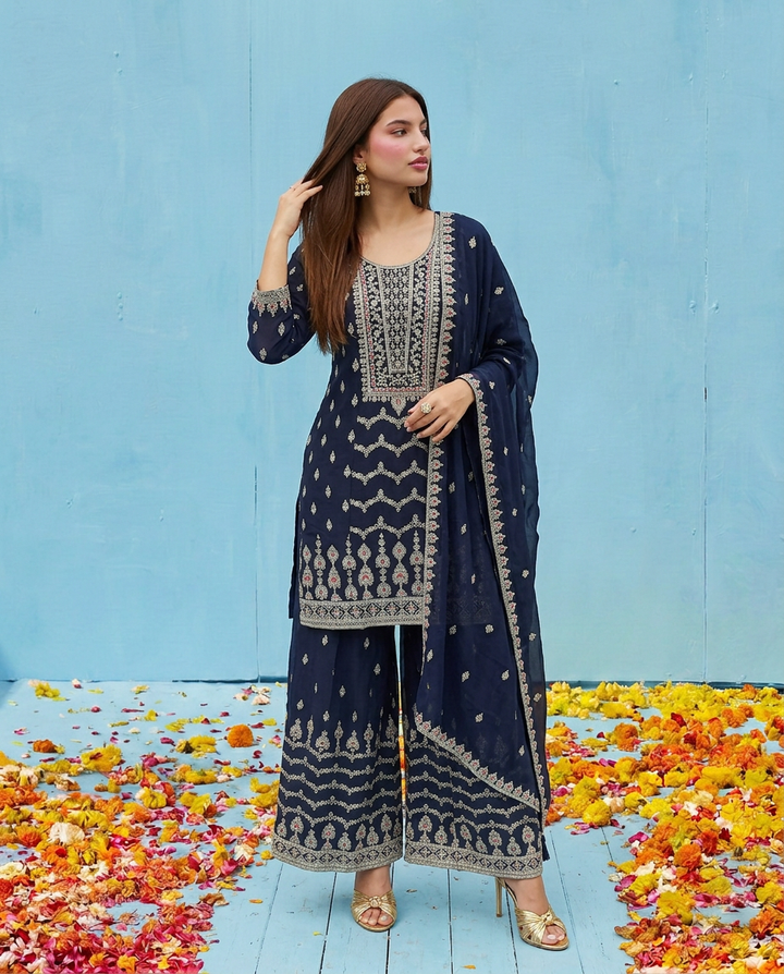 Navy Embroidered Silk Blended Kurta Bottom Dupatta Set