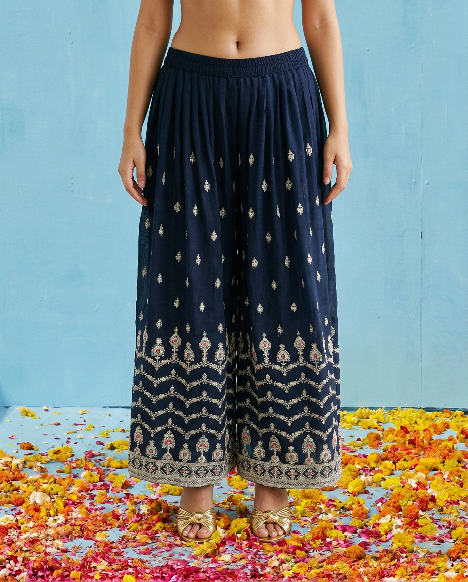 Navy Embroidered Silk Blended Kurta Bottom Dupatta Set