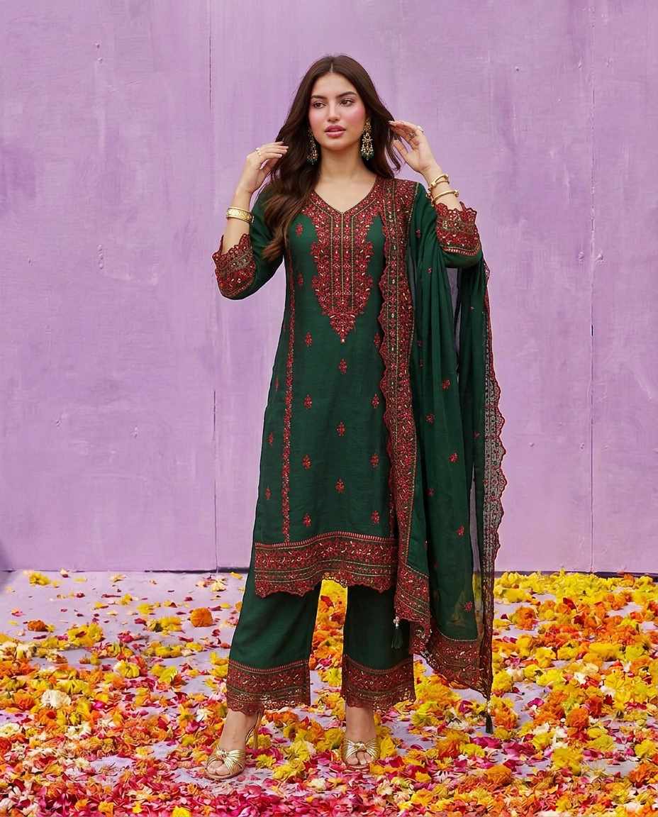 Green Embroidered Silk Blended Kurta Bottom Dupatta Set
