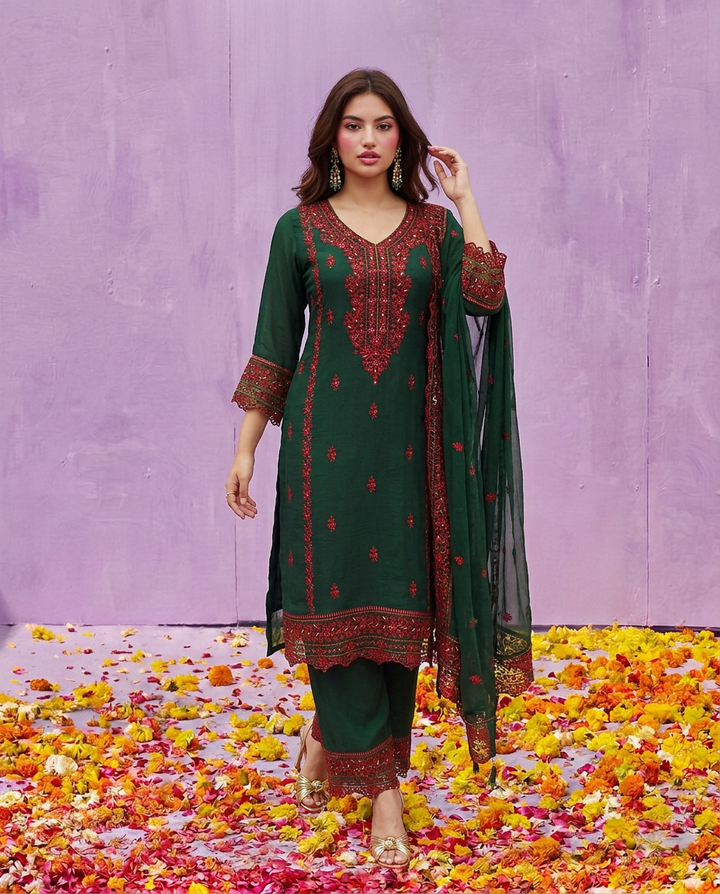 Green Embroidered Silk Blended Kurta Bottom Dupatta Set